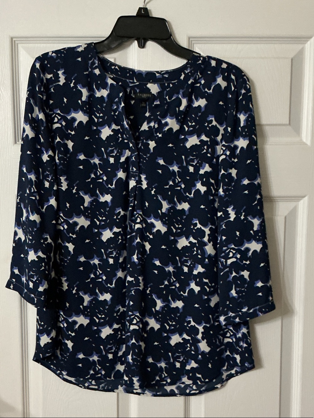 Talbots Navy and White Floral-Print Blouse